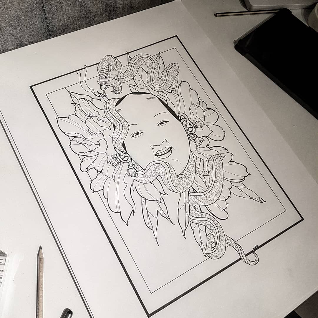 Working on a new print design
-
#nohmask #snaketattoo #japenesemask #irezumi #ta